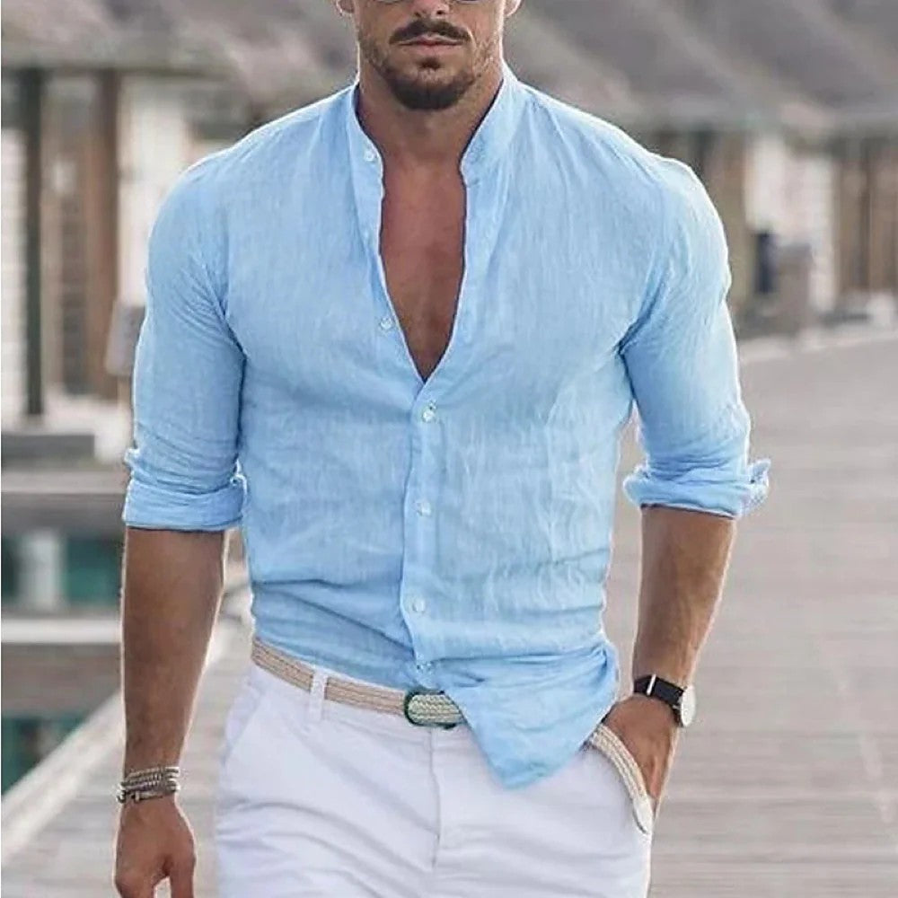 Kaven - Men's Band Collar Shirt Long Sleeve Breathable Weave