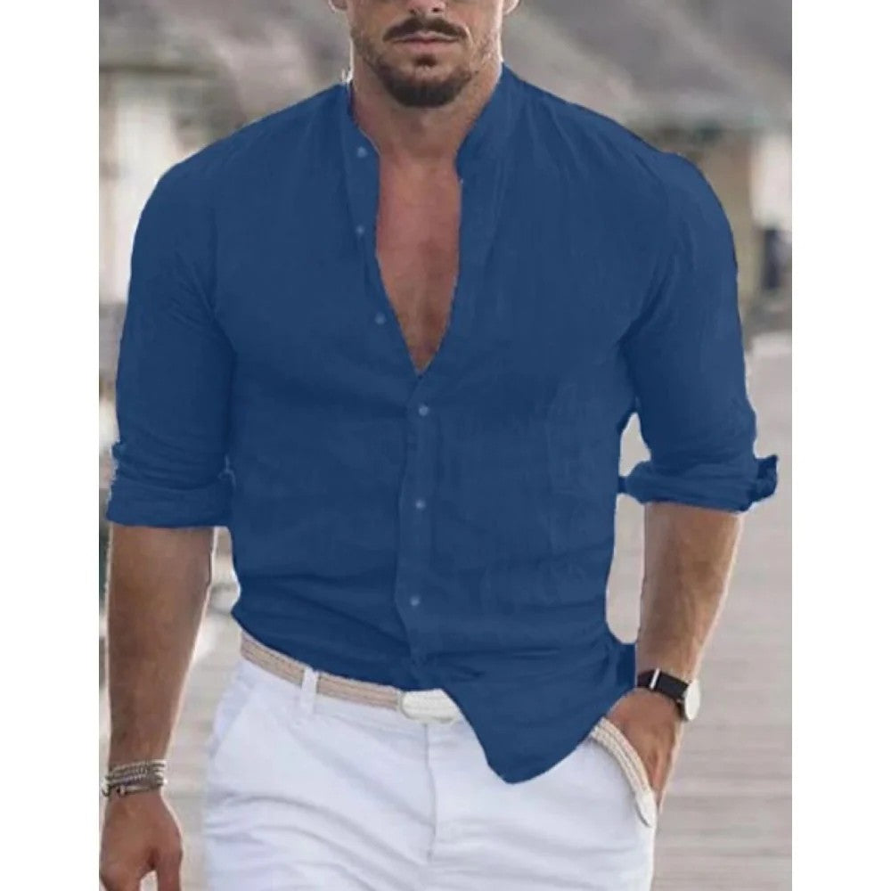 Kaven - Men's Band Collar Shirt Long Sleeve Breathable Weave