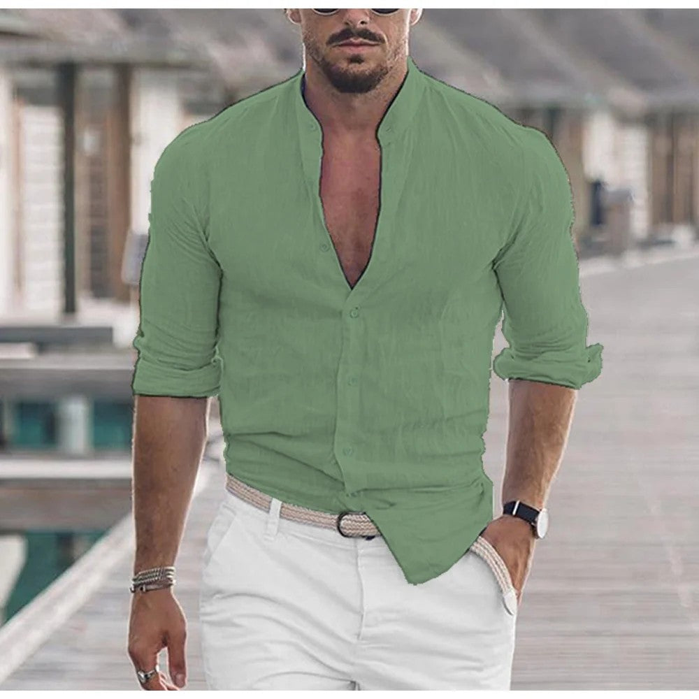 Kaven - Men's Band Collar Shirt Long Sleeve Breathable Weave