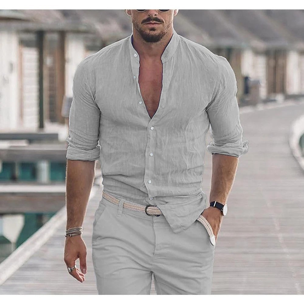 Kaven - Men's Band Collar Shirt Long Sleeve Breathable Weave