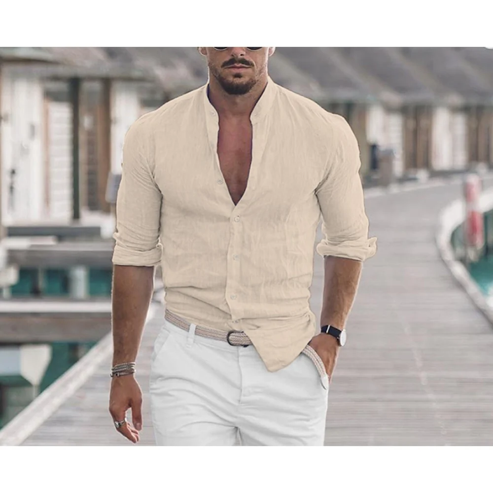 Kaven - Men's Band Collar Shirt Long Sleeve Breathable Weave