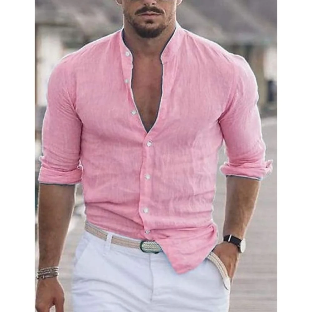 Kaven - Men's Band Collar Shirt Long Sleeve Breathable Weave