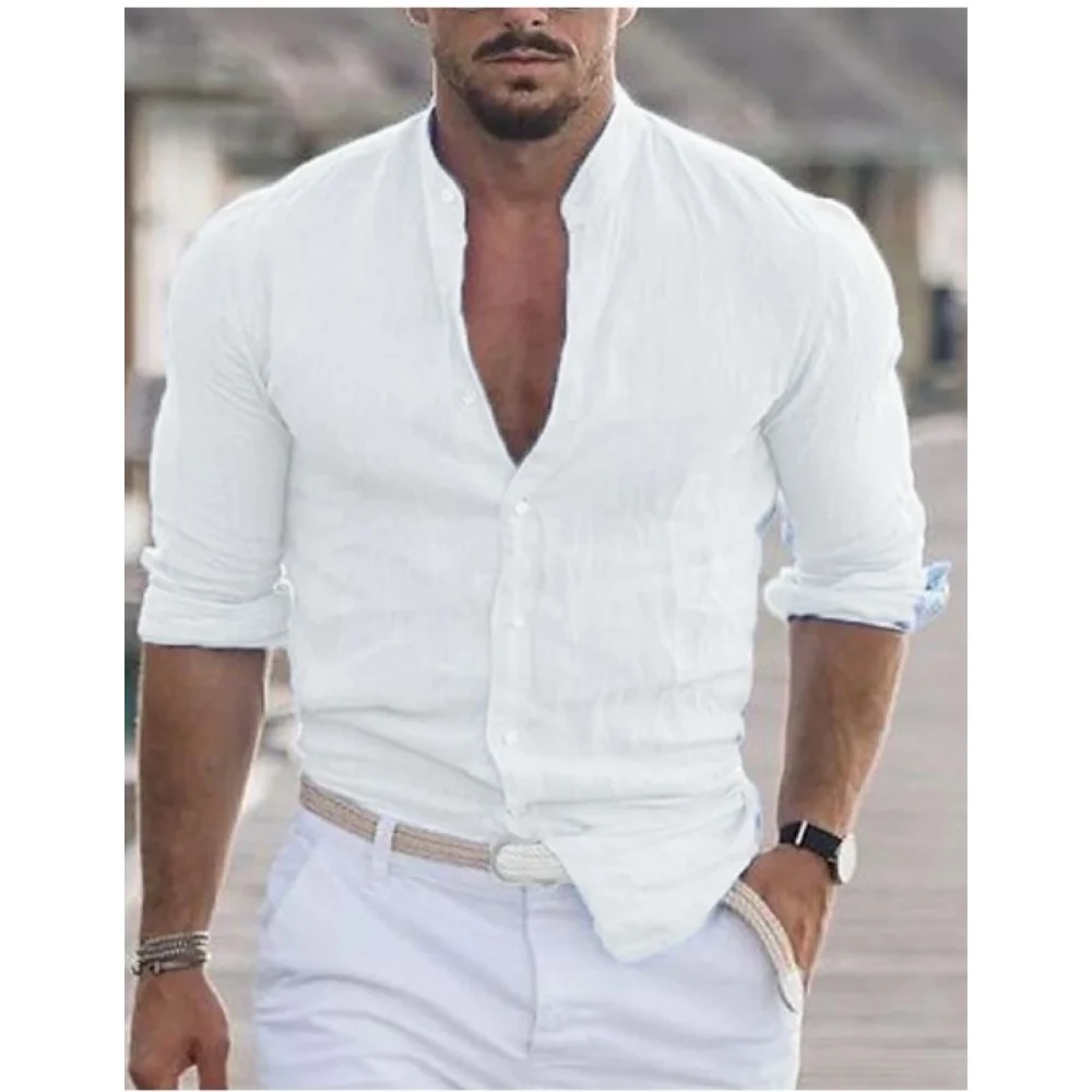 Kaven - Men's Band Collar Shirt Long Sleeve Breathable Weave