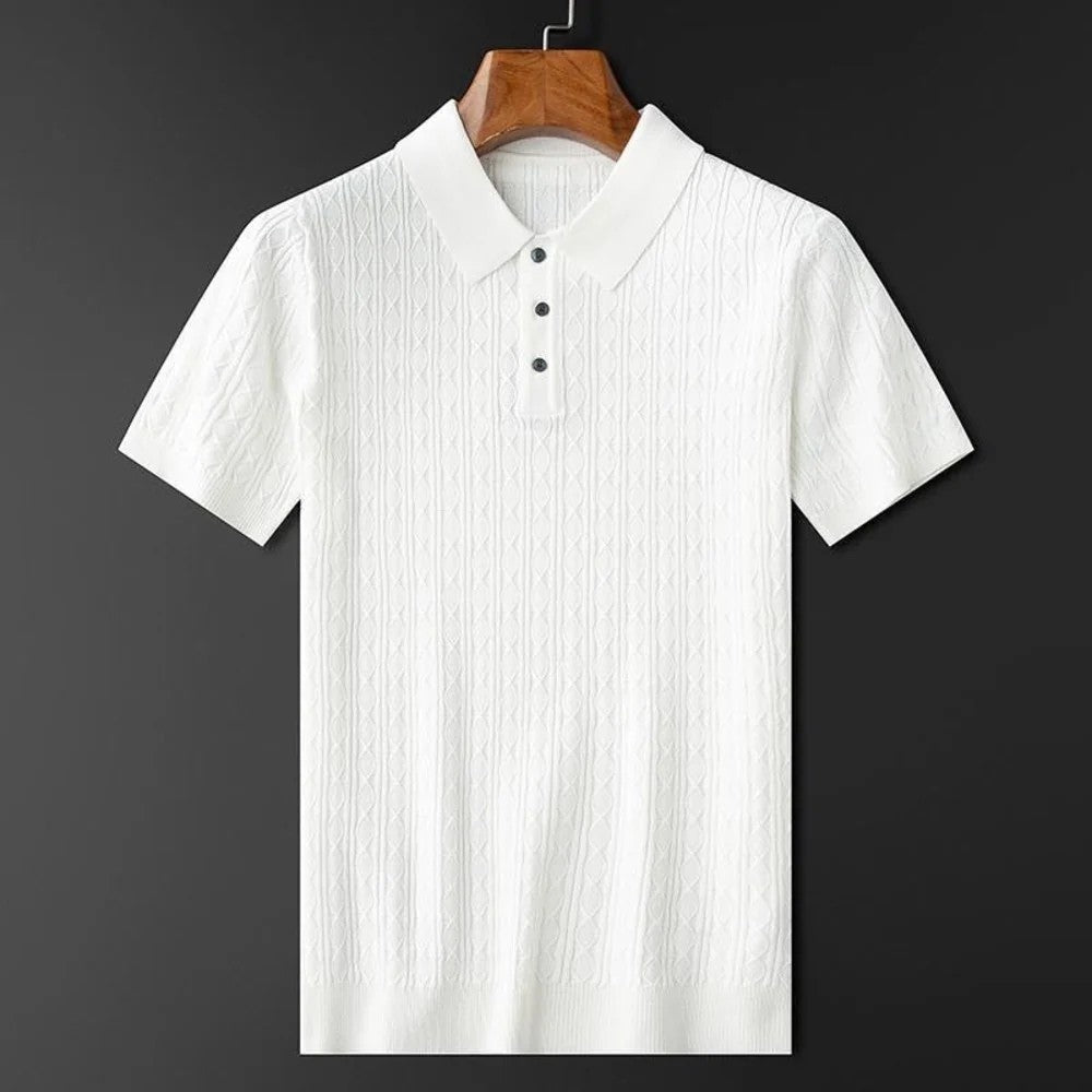 Kaven - Men's Cable Knit Polo Shirt Short Sleeve Three-Button