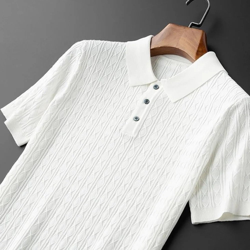 Kaven - Men's Cable Knit Polo Shirt Short Sleeve Three-Button