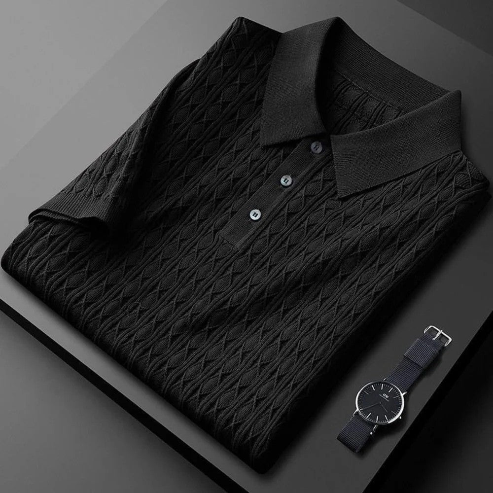 Kaven - Men's Cable Knit Polo Shirt Short Sleeve Three-Button