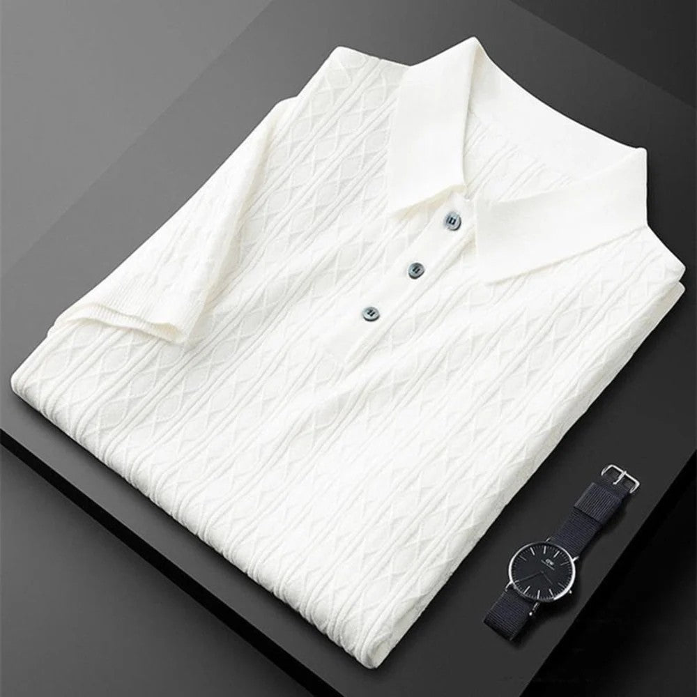 Kaven - Men's Cable Knit Polo Shirt Short Sleeve Three-Button