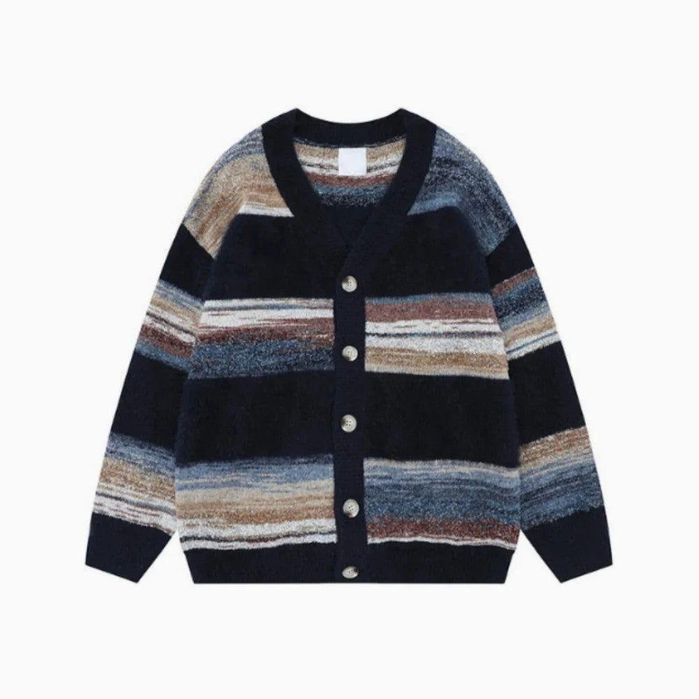 Kaven - Men's Cardigan Striped V-Neck Button Brushed Knit