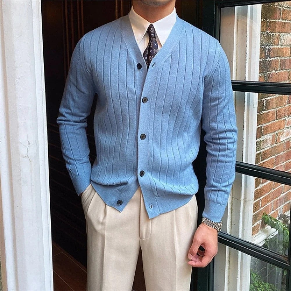 Kaven - Men's Cardigan V-Neck Ribbed Knit Button Front