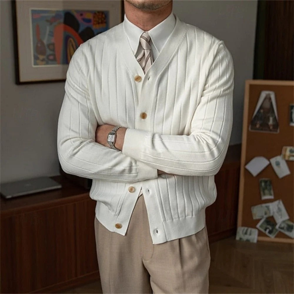 Kaven - Men's Cardigan V-Neck Ribbed Knit Button Front