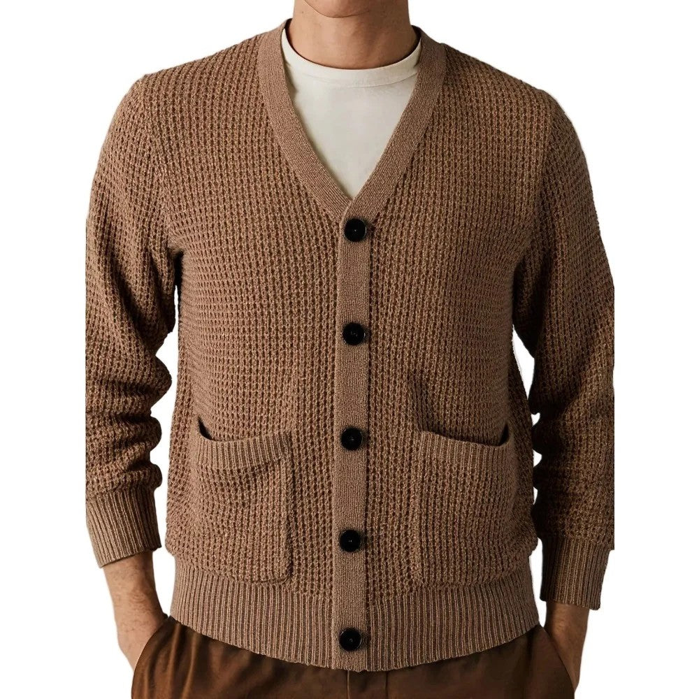 Kaven - Men's Cardigan Waffle Knit V-Neck Patch Pockets