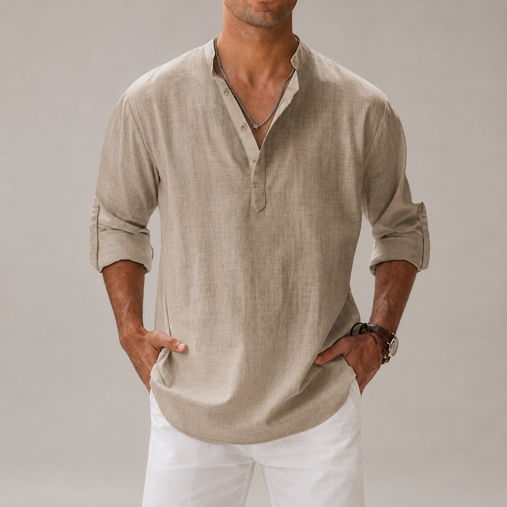 Kaven - Men's Cotton Linen Shirt Long Sleeve Band Collar Half Button