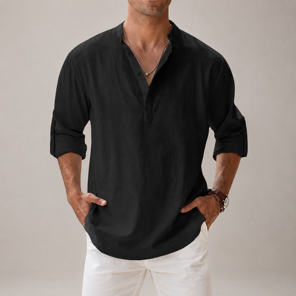 Kaven - Men's Cotton Linen Shirt Long Sleeve Band Collar Half Button