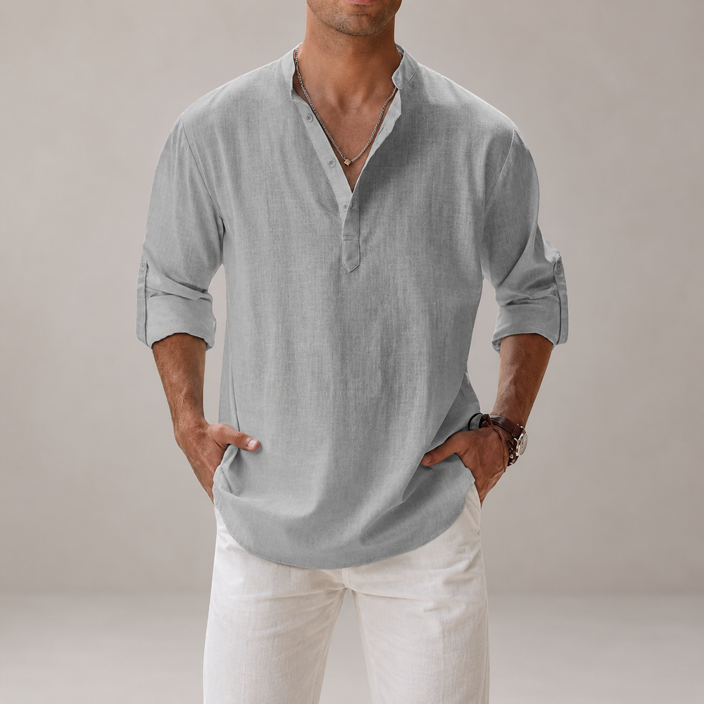 Kaven - Men's Cotton Linen Shirt Long Sleeve Band Collar Half Button