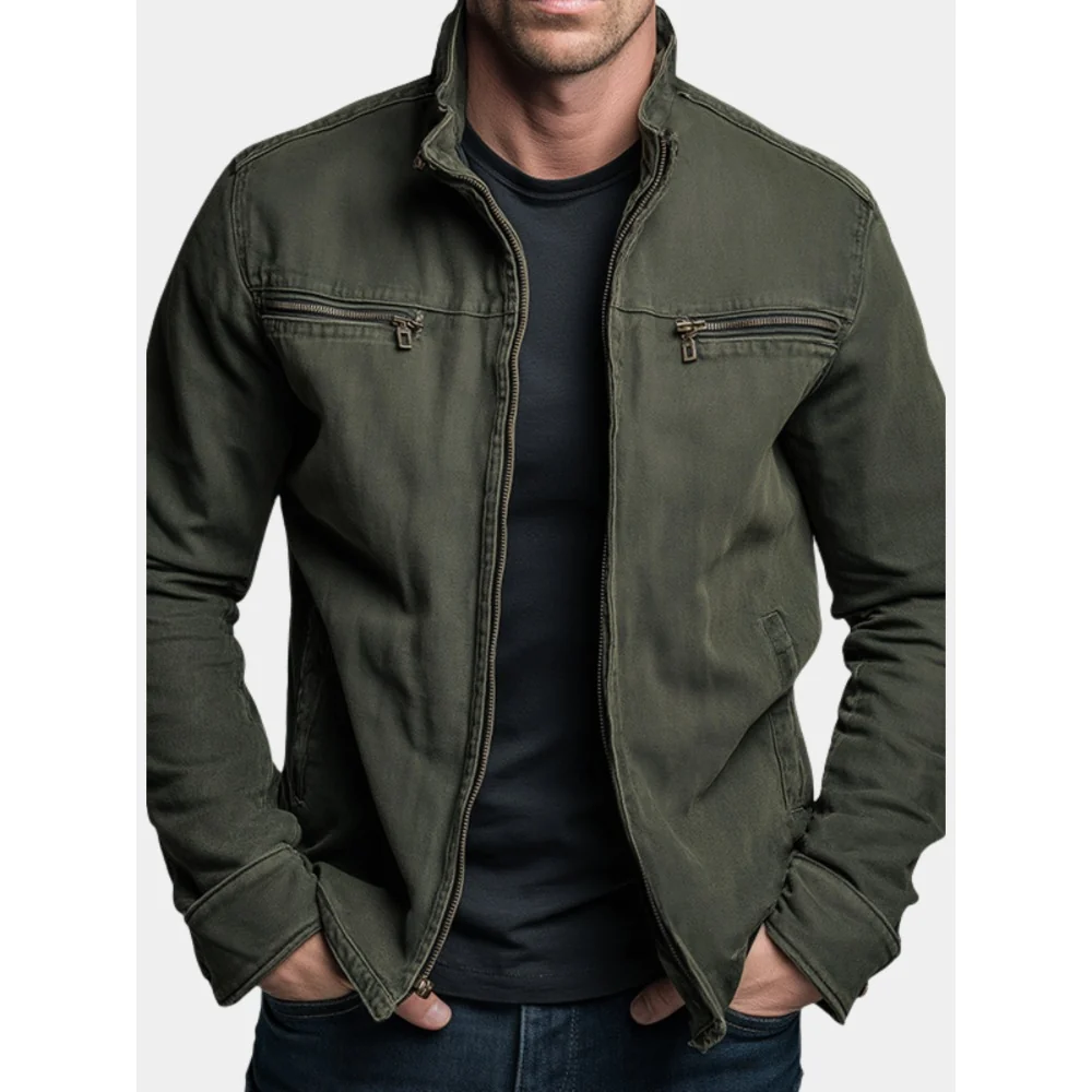 Kaven - Men's Cotton Zip Jacket Stand Collar Windproof Chest Pockets