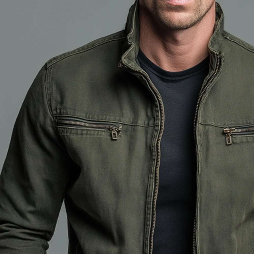 Kaven - Men's Cotton Zip Jacket Stand Collar Windproof Chest Pockets