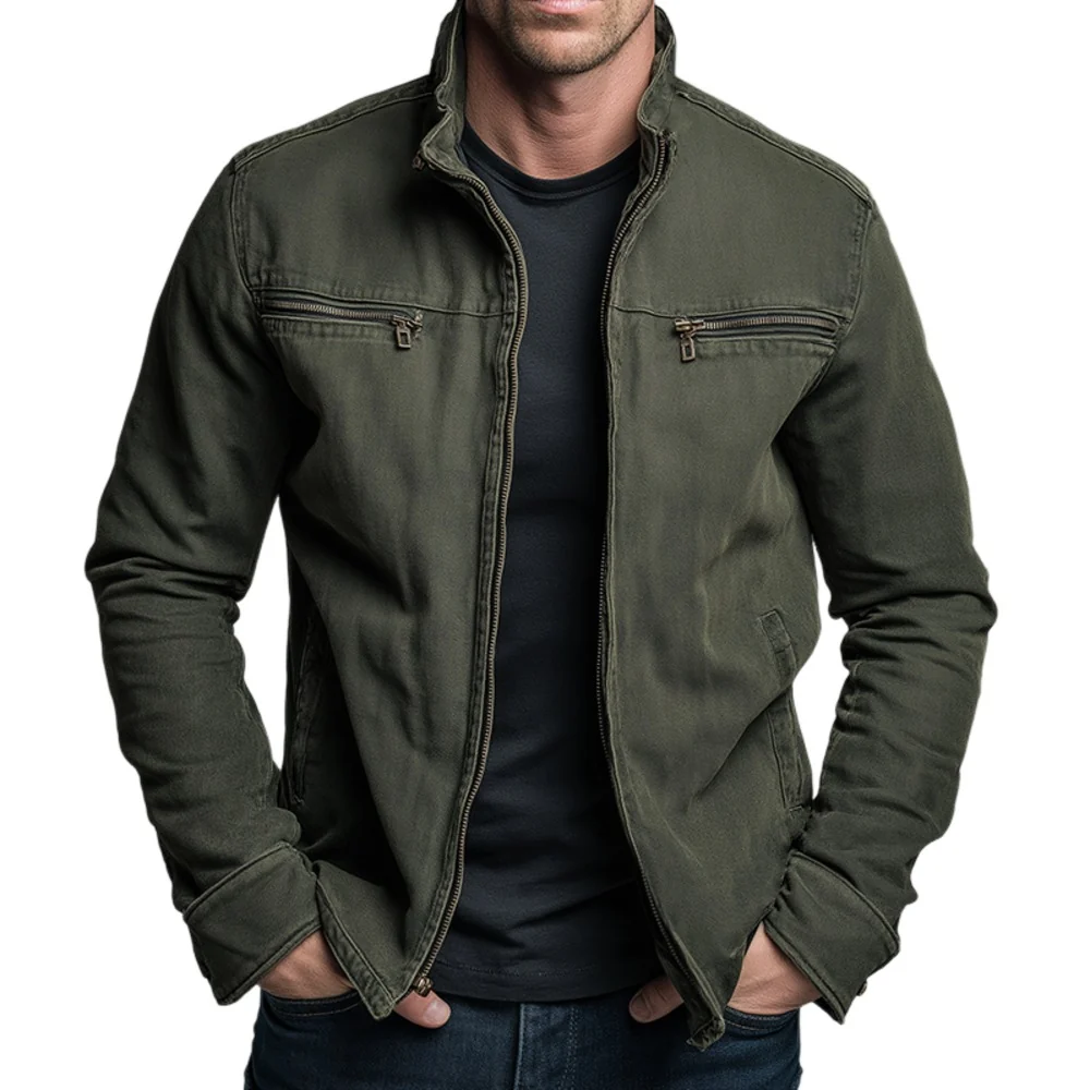 Kaven - Men's Cotton Zip Jacket Stand Collar Windproof Chest Pockets