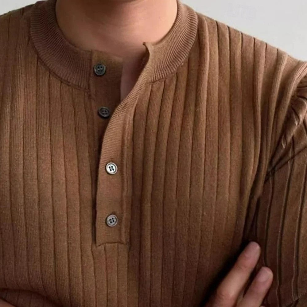 Kaven - Men's Henley Jumper Ribbed Knit Button Placket