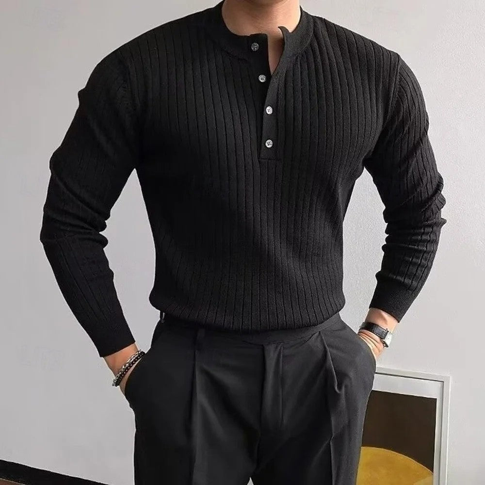 Kaven - Men's Henley Jumper Ribbed Knit Button Placket