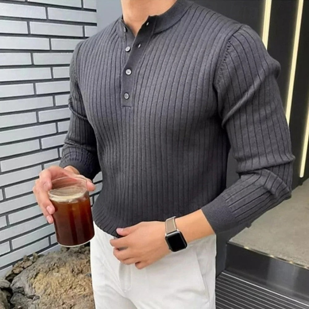 Kaven - Men's Henley Jumper Ribbed Knit Button Placket