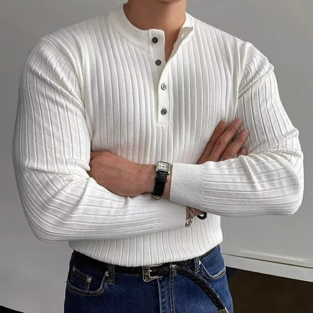 Kaven - Men's Henley Jumper Ribbed Knit Button Placket