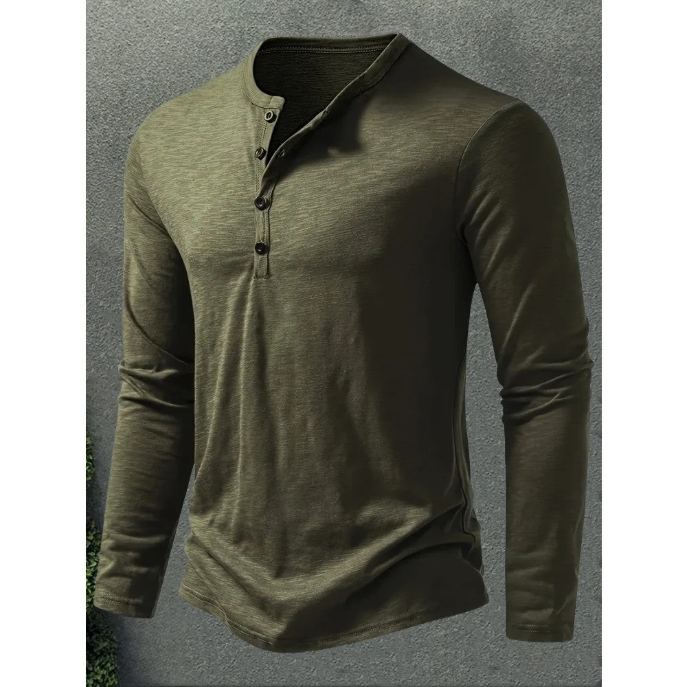 Kaven - Men's Henley Long Sleeve Slub Jersey Three-Button