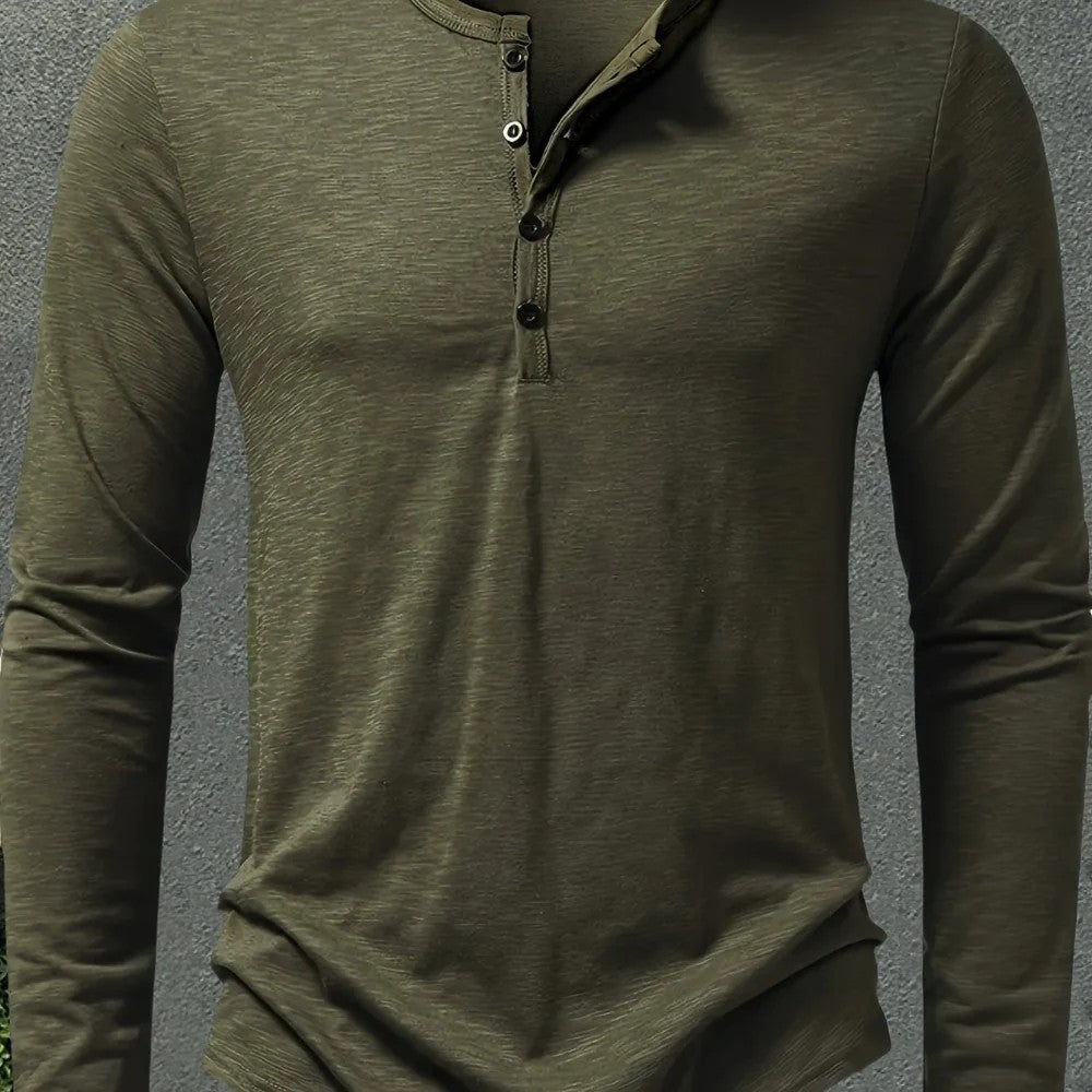 Kaven - Men's Henley Long Sleeve Slub Jersey Three-Button