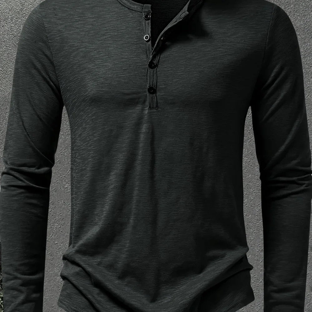 Kaven - Men's Henley Long Sleeve Slub Jersey Three-Button