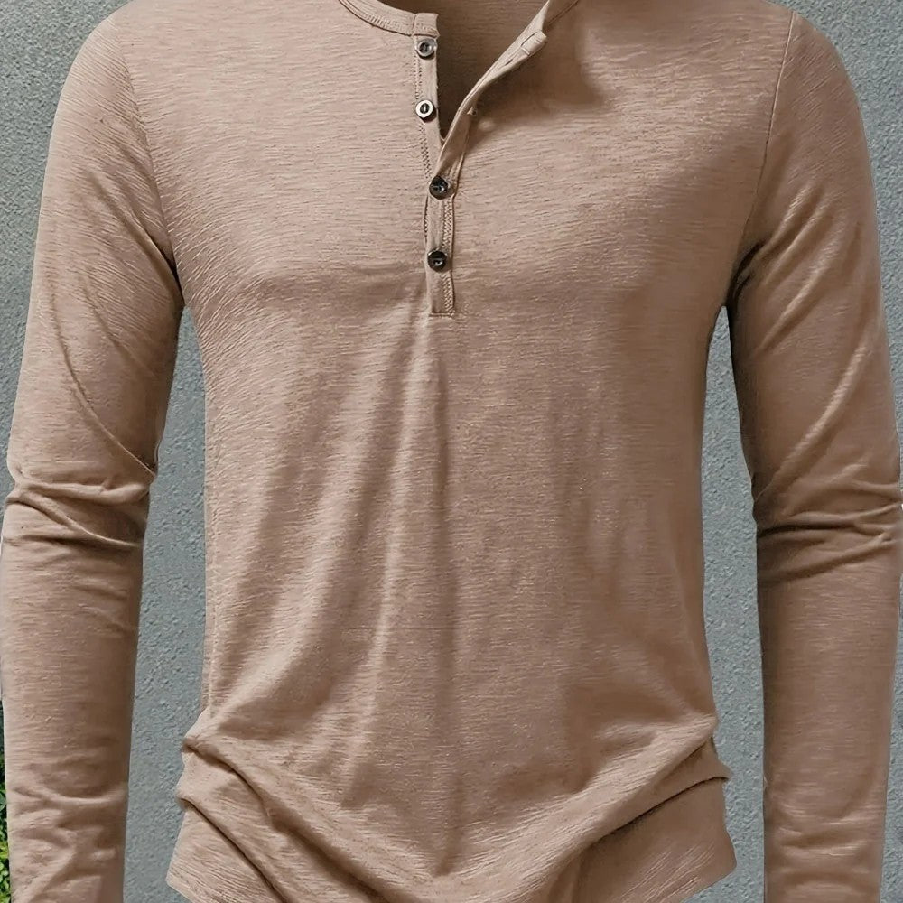 Kaven - Men's Henley Long Sleeve Slub Jersey Three-Button