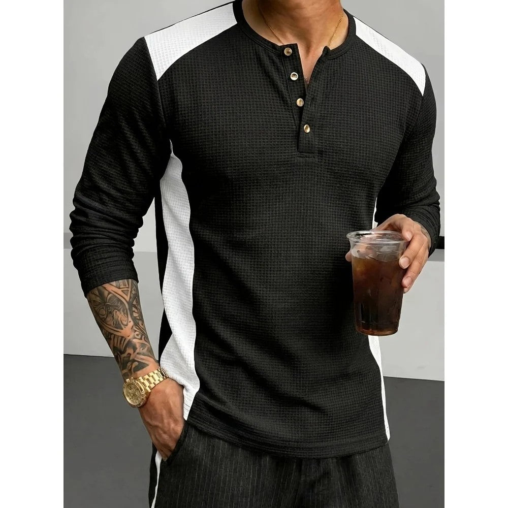 Kaven - Men's Henley Long Sleeve Waffle Knit Contrast Panels