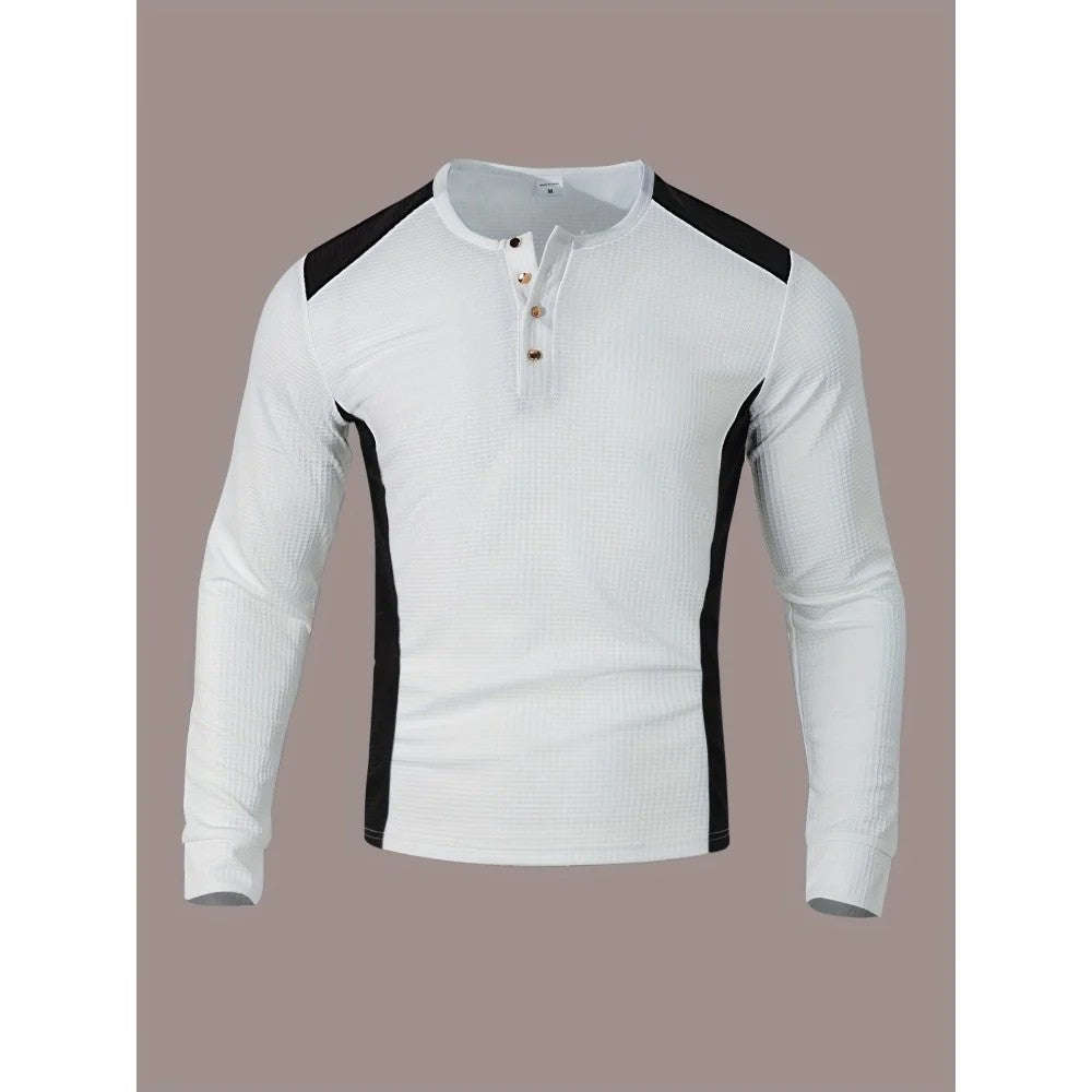 Kaven - Men's Henley Long Sleeve Waffle Knit Contrast Panels