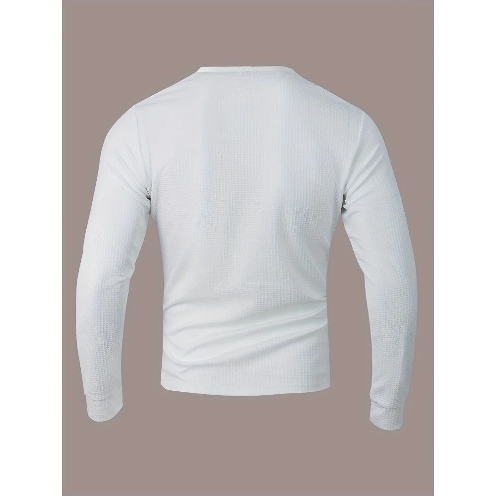 Kaven - Men's Henley Long Sleeve Waffle Knit Contrast Panels