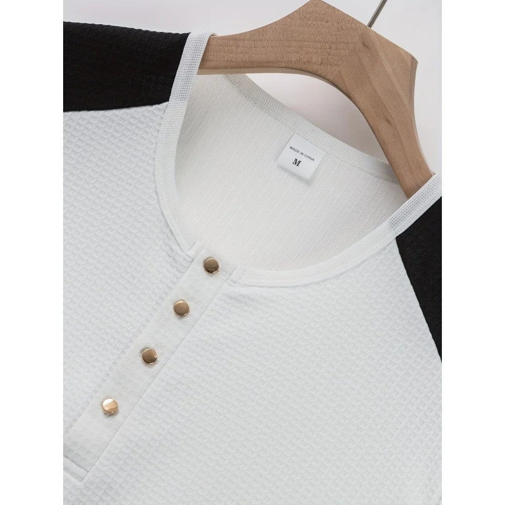 Kaven - Men's Henley Long Sleeve Waffle Knit Contrast Panels