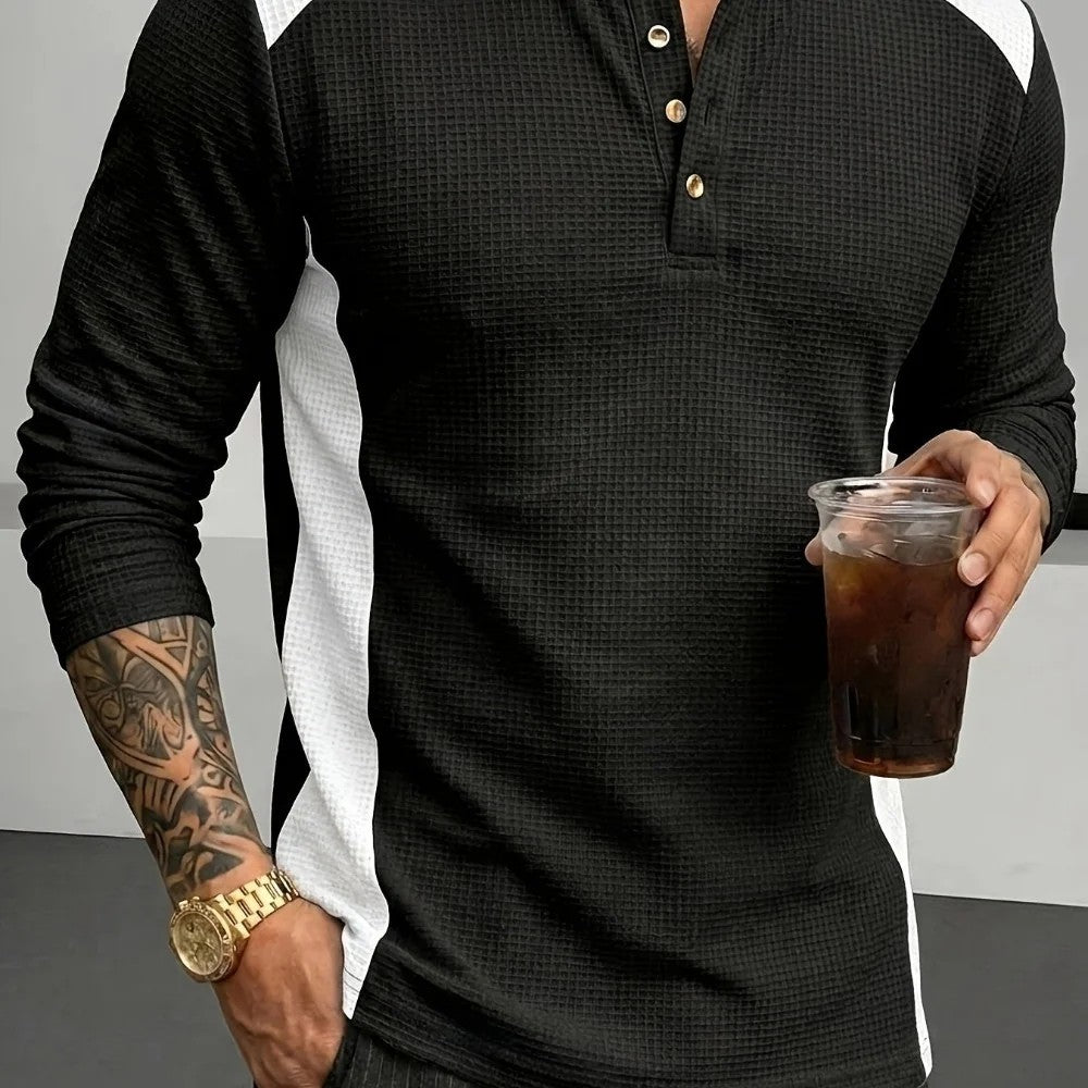 Kaven - Men's Henley Long Sleeve Waffle Knit Contrast Panels