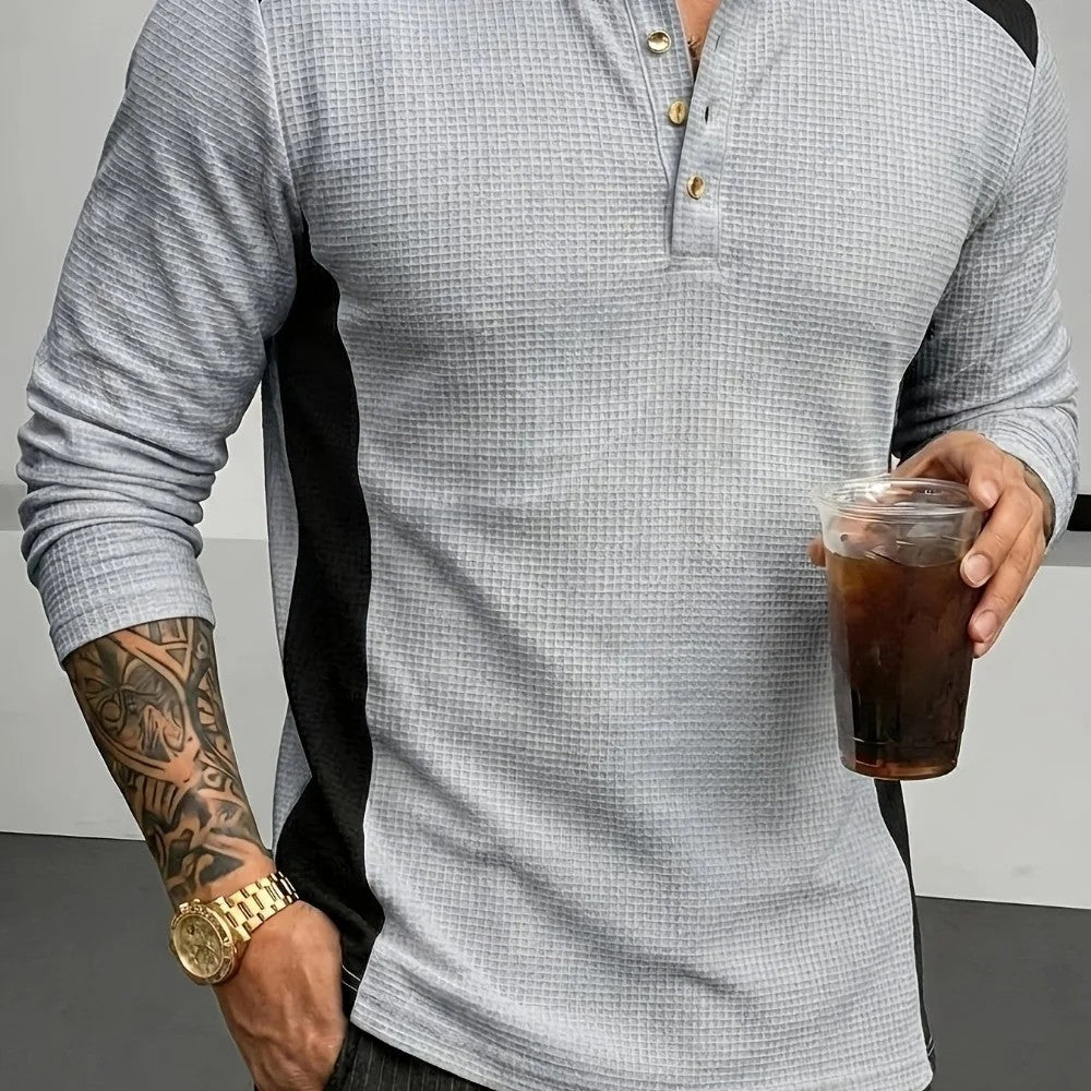 Kaven - Men's Henley Long Sleeve Waffle Knit Contrast Panels