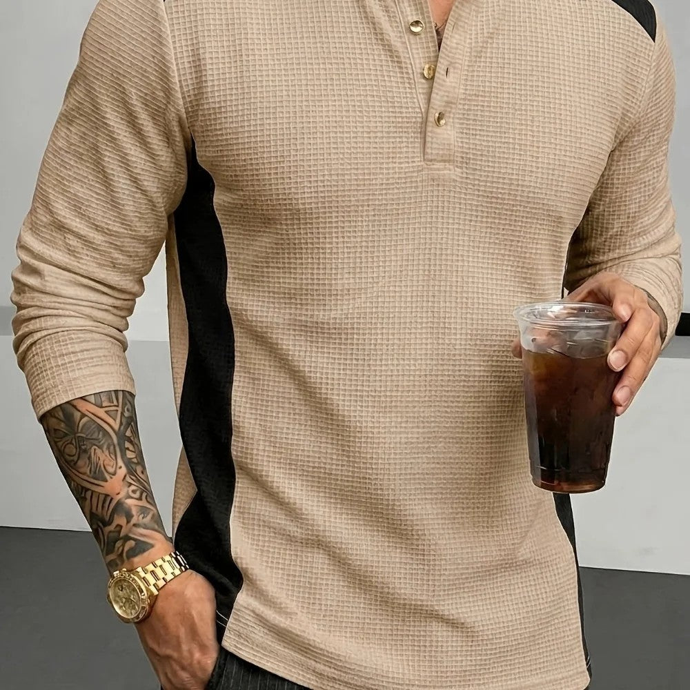 Kaven - Men's Henley Long Sleeve Waffle Knit Contrast Panels