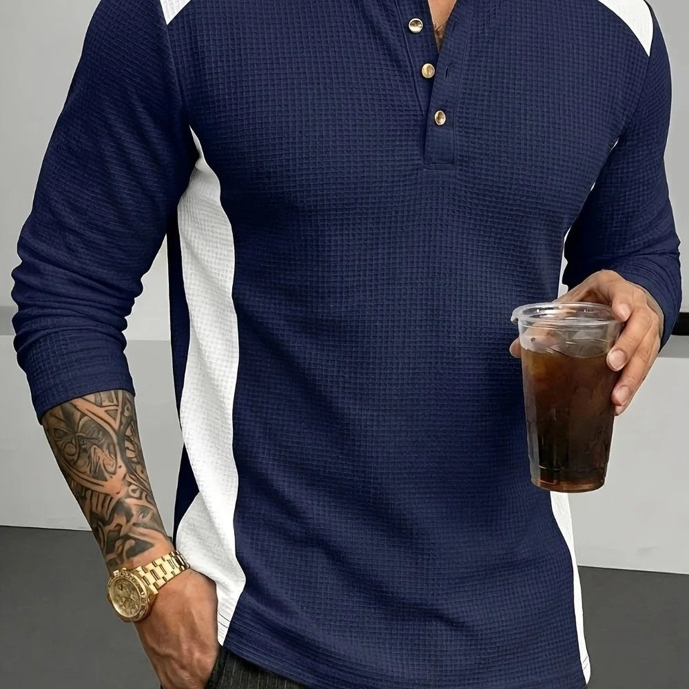 Kaven - Men's Henley Long Sleeve Waffle Knit Contrast Panels