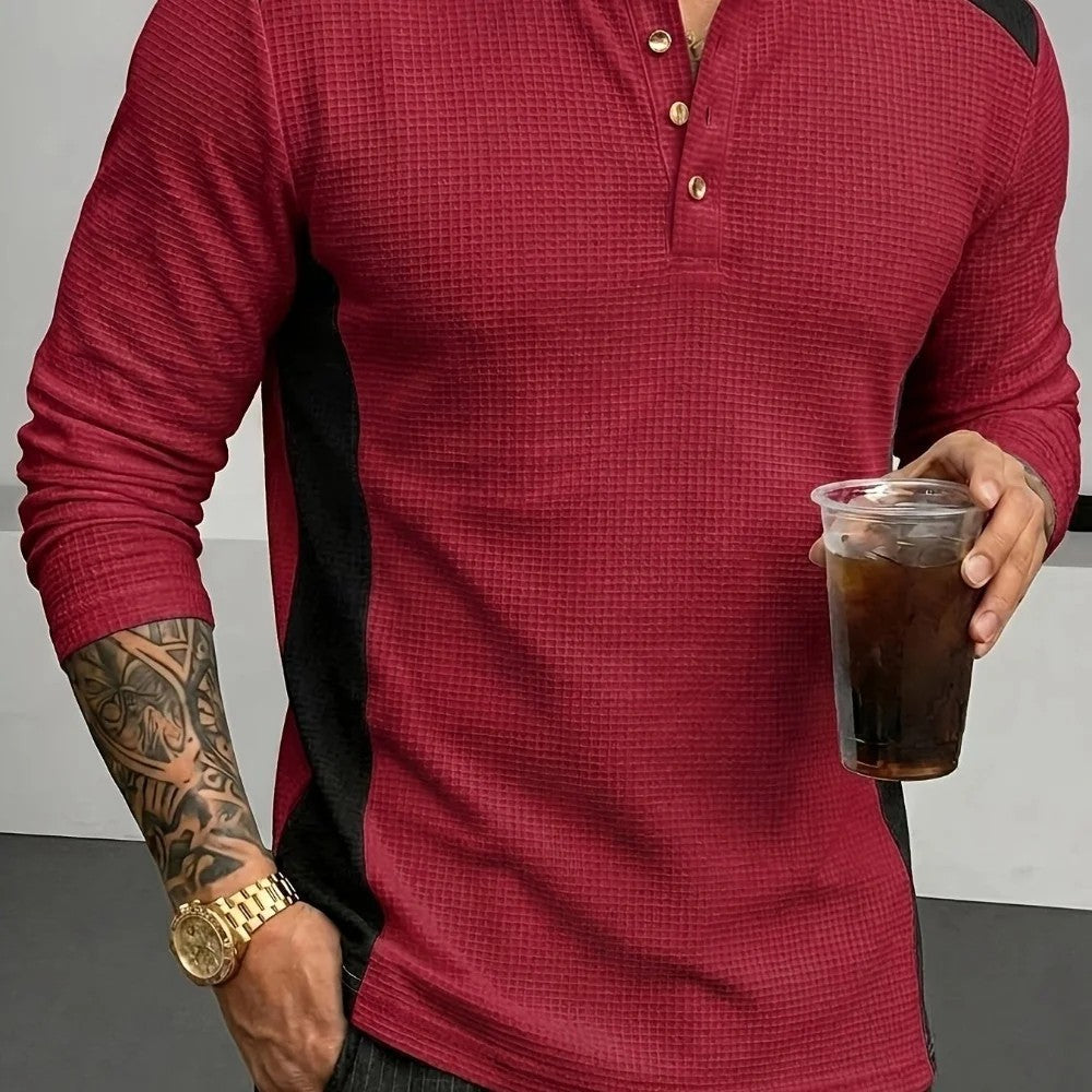 Kaven - Men's Henley Long Sleeve Waffle Knit Contrast Panels