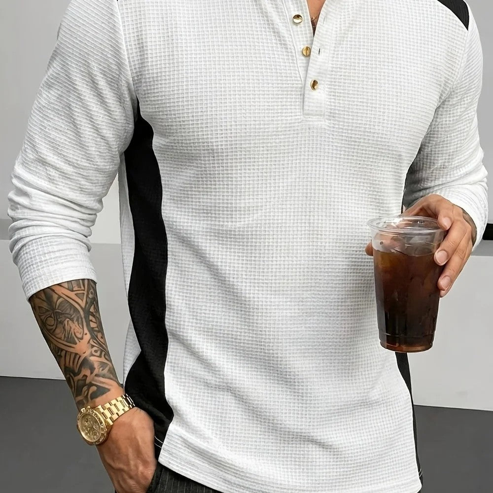 Kaven - Men's Henley Long Sleeve Waffle Knit Contrast Panels