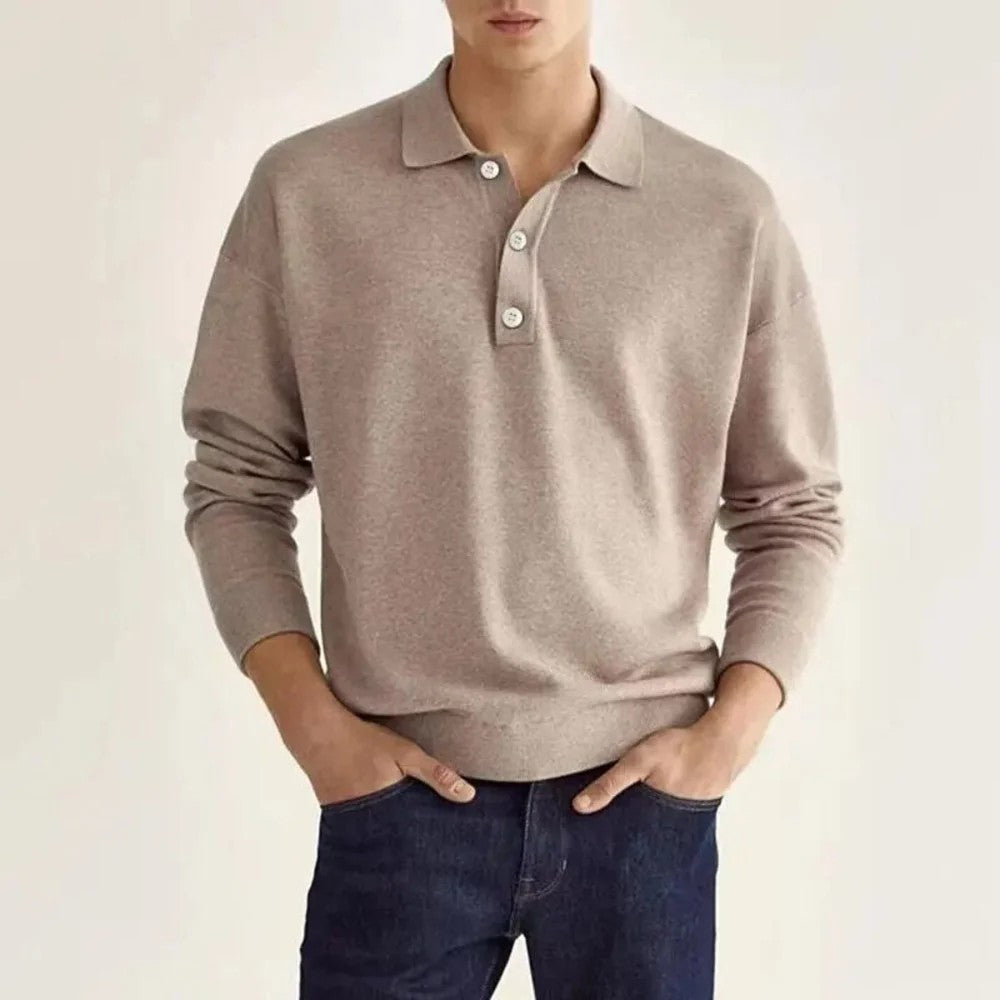 Kaven - Men's Knit Polo Shirt Long Sleeve Three-Button Ribbed Trim