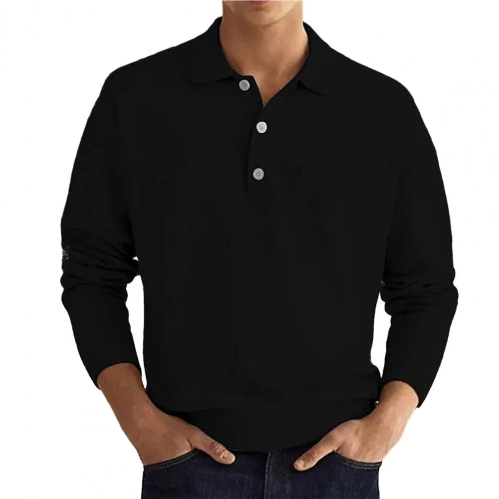 Kaven - Men's Knit Polo Shirt Long Sleeve Three-Button Ribbed Trim