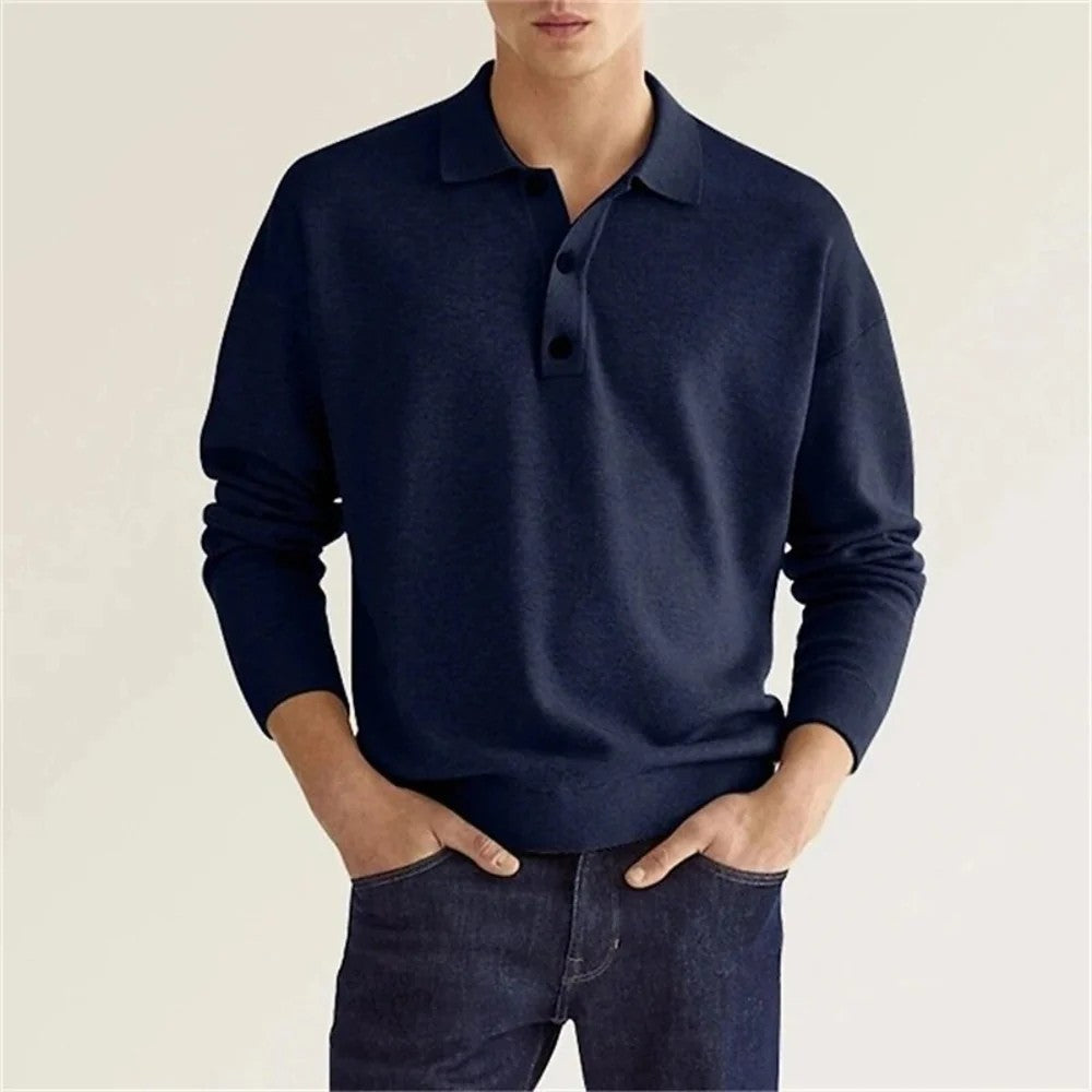 Kaven - Men's Knit Polo Shirt Long Sleeve Three-Button Ribbed Trim