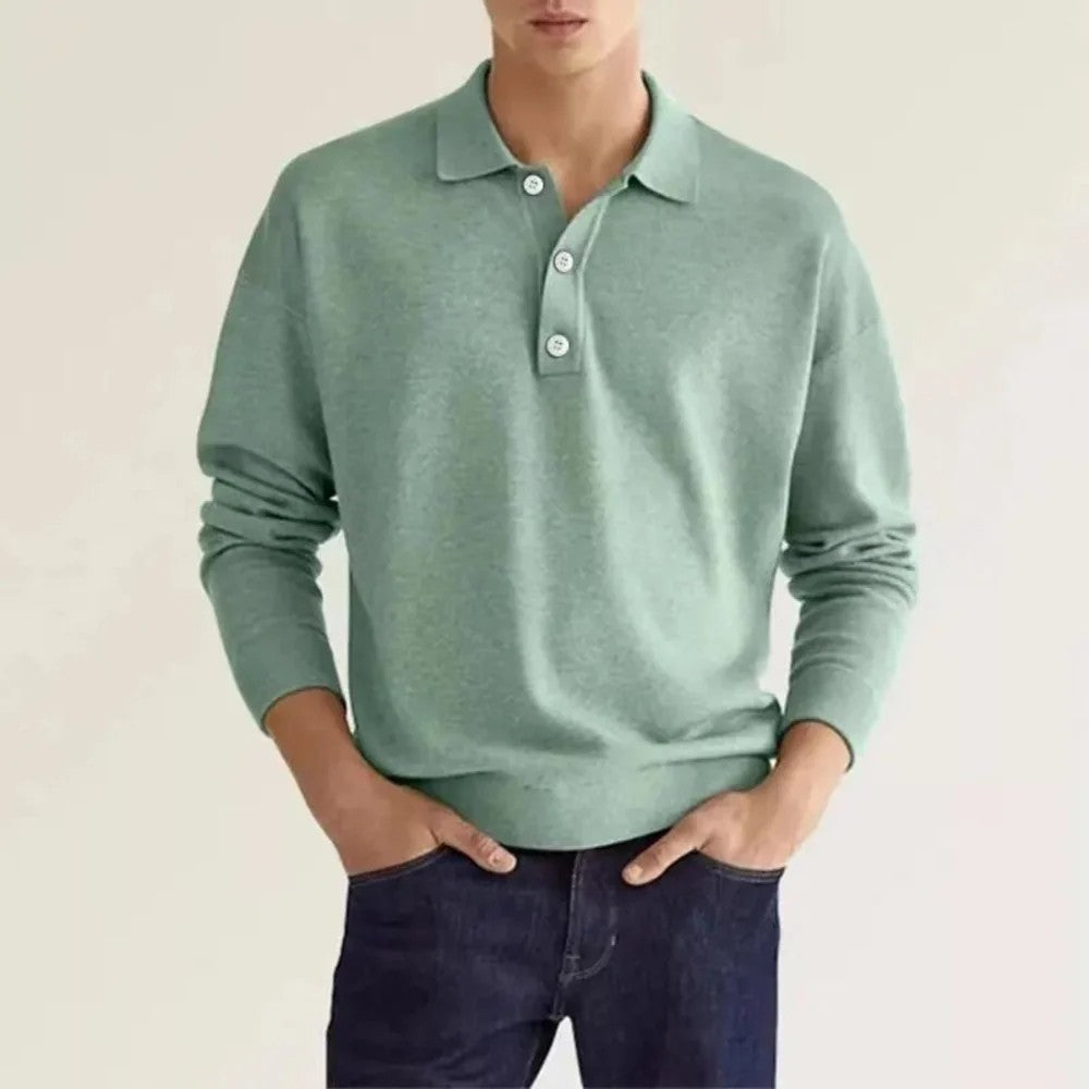 Kaven - Men's Knit Polo Shirt Long Sleeve Three-Button Ribbed Trim