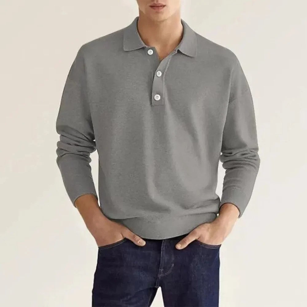 Kaven - Men's Knit Polo Shirt Long Sleeve Three-Button Ribbed Trim