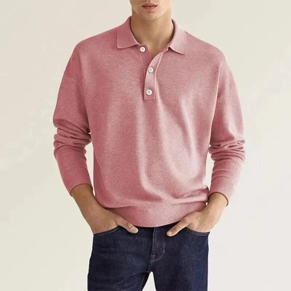 Kaven - Men's Knit Polo Shirt Long Sleeve Three-Button Ribbed Trim