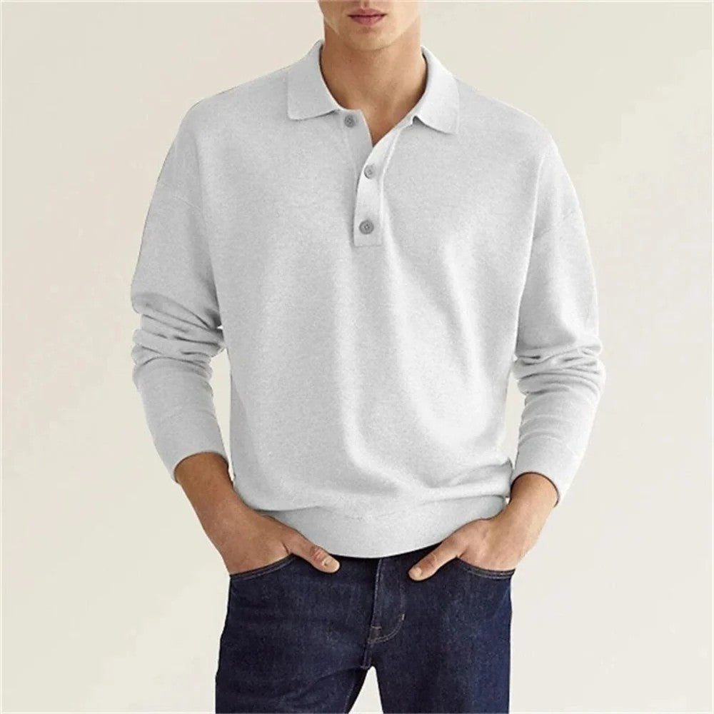 Kaven - Men's Knit Polo Shirt Long Sleeve Three-Button Ribbed Trim