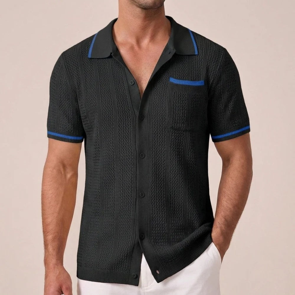 Kaven - Men's Knit Shirt Short Sleeve Button-Down Textured Camp Collar