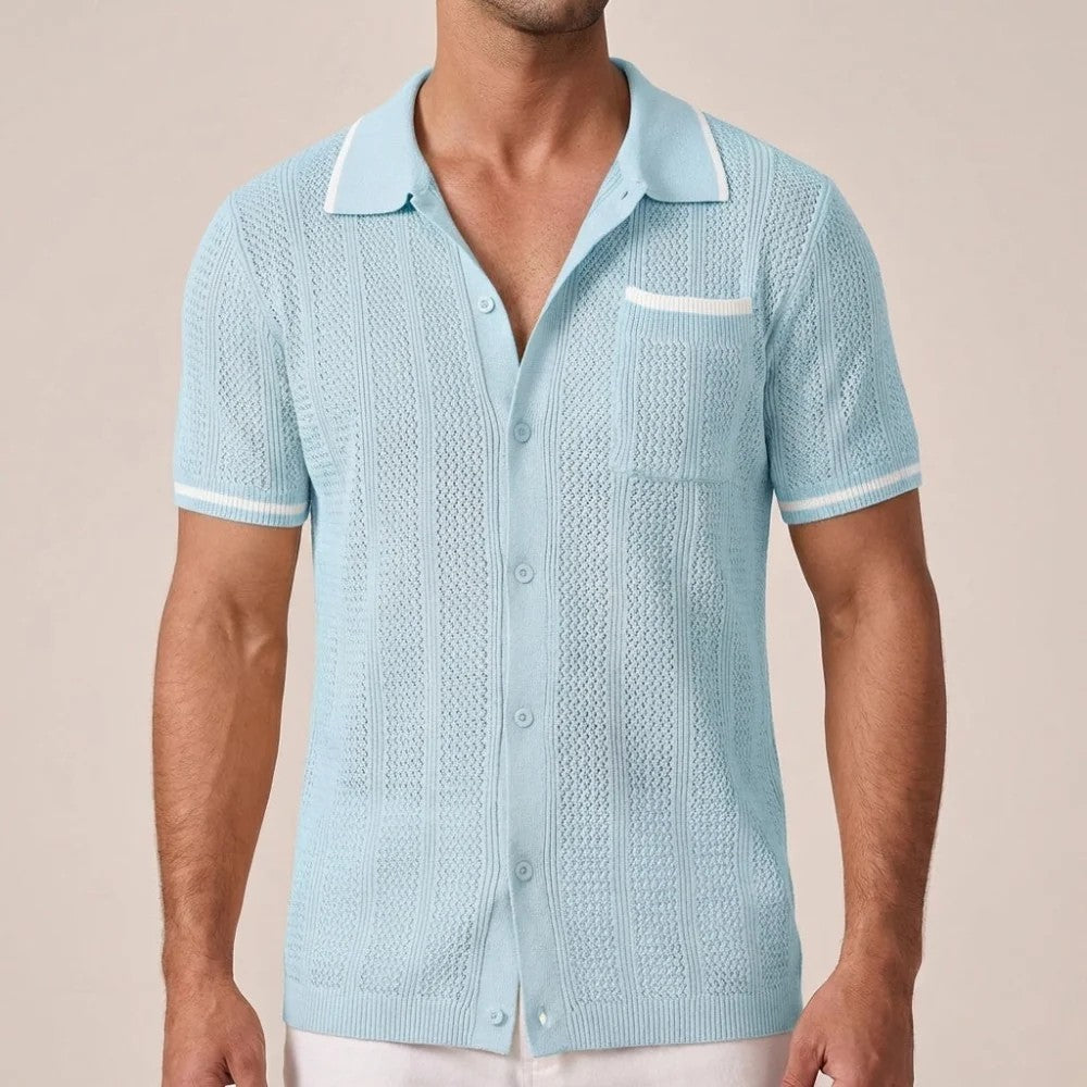 Kaven - Men's Knit Shirt Short Sleeve Button-Down Textured Camp Collar