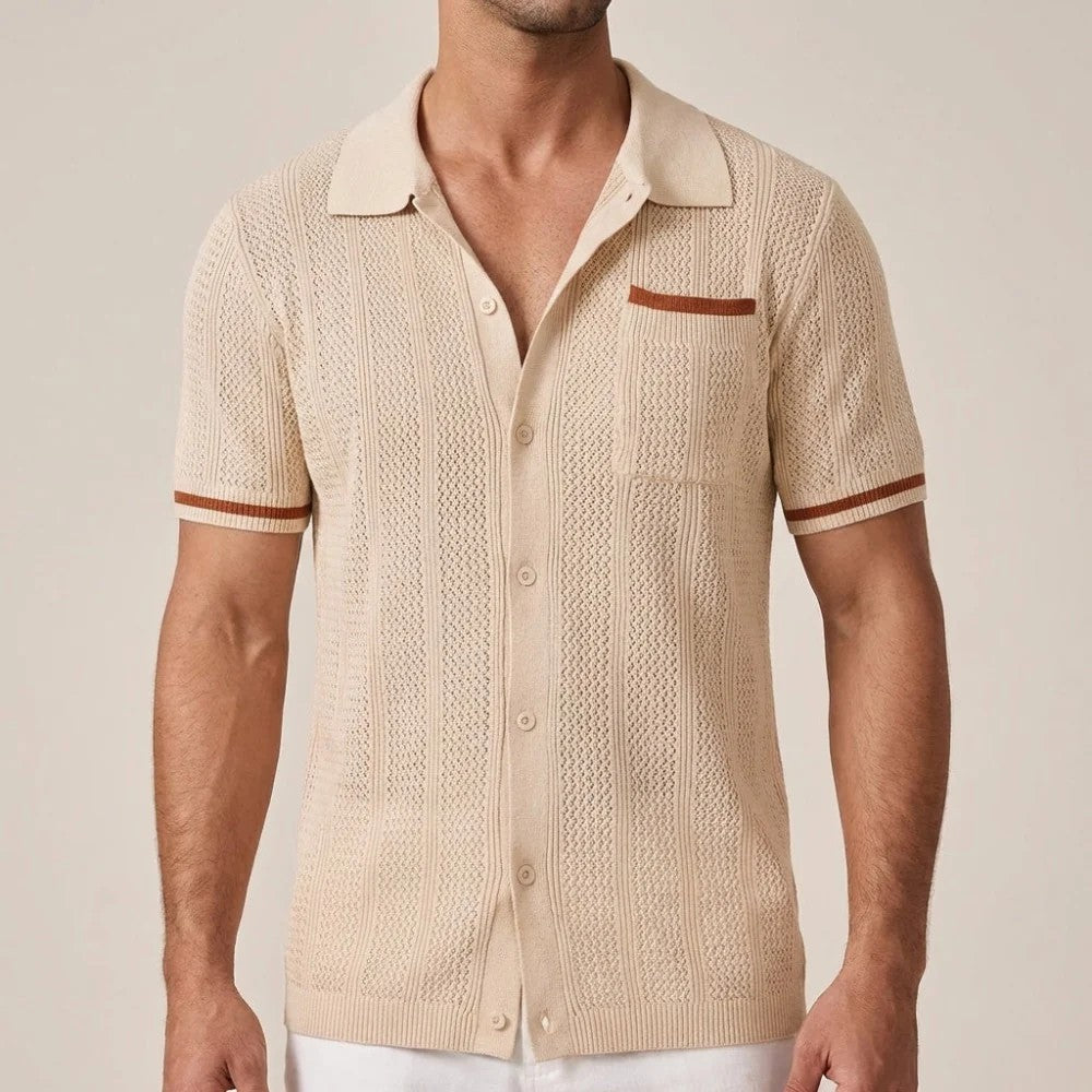 Kaven - Men's Knit Shirt Short Sleeve Button-Down Textured Camp Collar