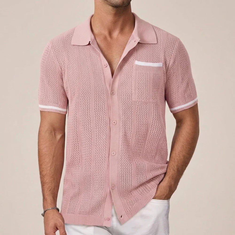 Kaven - Men's Knit Shirt Short Sleeve Button-Down Textured Camp Collar